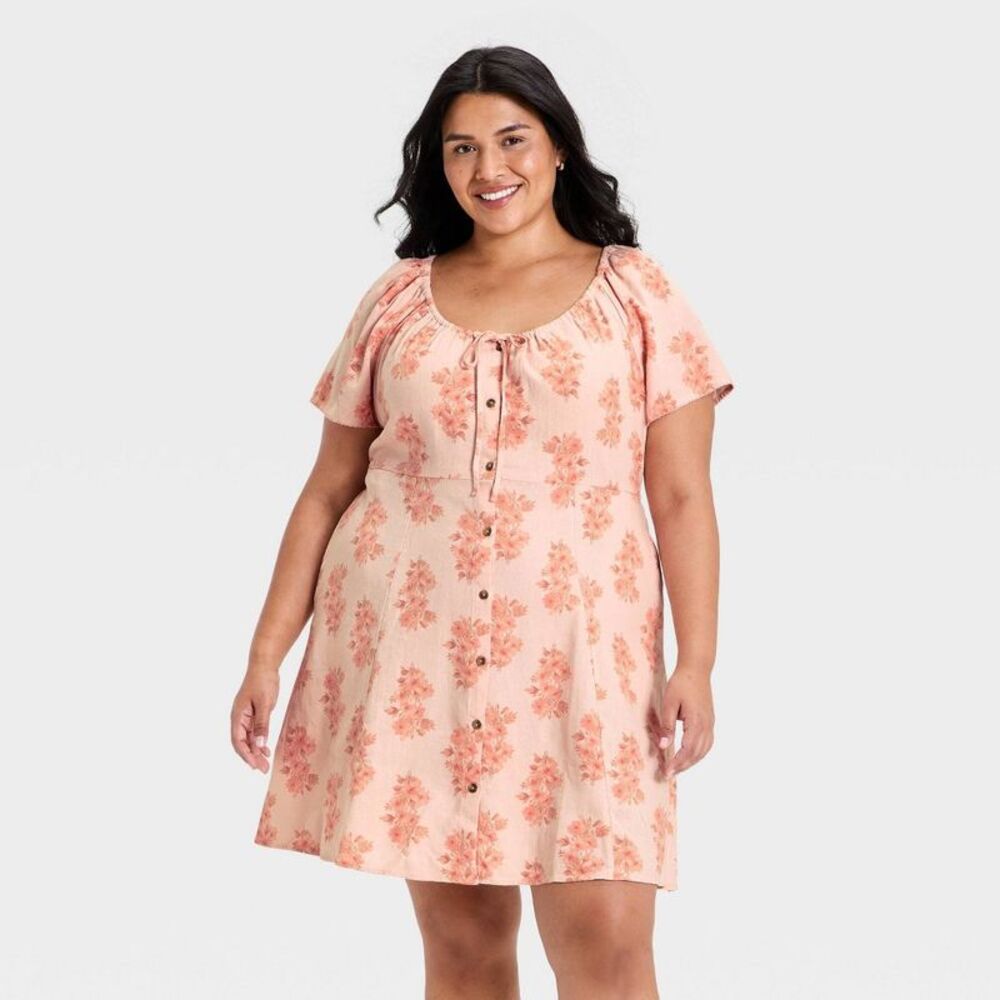Women's Short Sleeve Button-Front Mini Sundress - Peach Floral XXL